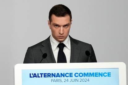 Conférence de presse du candidat d'extrême droite au poste de Premier ministre, Jordan Bardella.