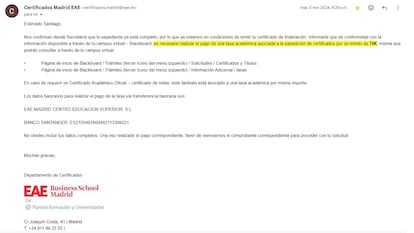 Informations sur le paiement des taux de certificat envoyés par courrier à un étudiant EAE.