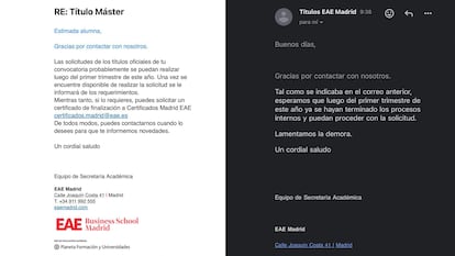 Les courriels envoyés par l'EAE aux étudiants attendent actuellement leur diplôme.