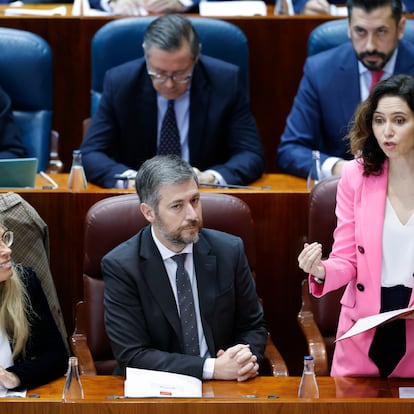 La présidente de la communauté de Madrid, Isabel Díaz Ayuso, intervient ce jeudi à l'Assemblée de Madrid qui célèbre sa première session plénière ordinaire de 2025.