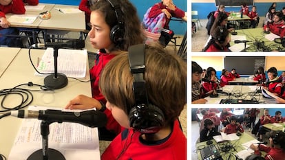 Les étudiants du deuxième et du troisième cycle de l'enseignement primaire dans le podcast enregistrent la classe.