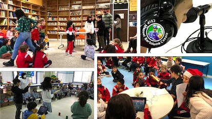 Enregistrement d'un podcast dans la bibliothèque et dans la classe de l'éducation de la petite enfance.