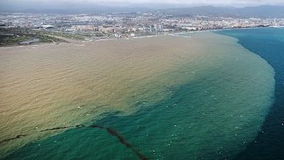 Vue aérienne de l'embouchure de la rivière Guadalhorce dans la mer d'Alborán, où vous pouvez voir le fort contraste de l'eau du déluge, le 19 mars.