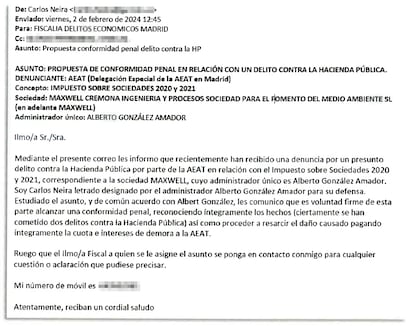 Envoi du texte envoyé par l'avocat de González Amador avec le même contenu, mais sans sauts de paragraphe et typographie différentes.