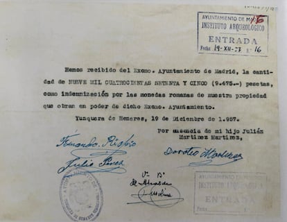 Je reçois pour la récompense reçue pour la découverte du trésor de Yunquera, signé par Doroteo Martínez, père de Julian.